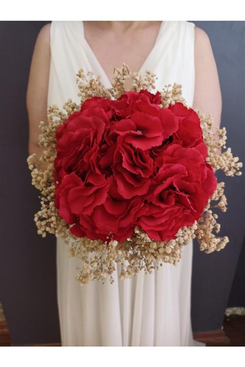 Gelin Butiğim Gelin Buketi Ve Yaka Çiçeği 2 Li Set Kırmızı Ortanca Ve Şoklanmış Cipsolu