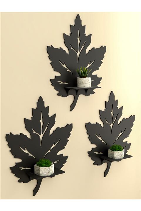 pi10reklam Ahşap Siyah Yaprak Raf Seti  3'lü