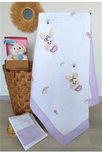 mellowbabystore %100 Pamuk Lila Tavşan Desenli Kalın Biyeli Bebek Pike Takımı