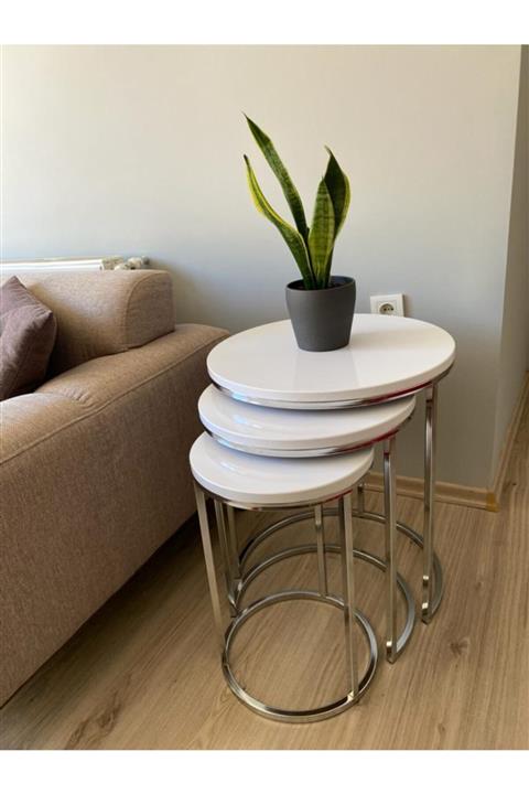 MARSEHPA Zigon Sehpa Krom Metal Ayaklı Mdf Tabla 3'lü Beyaz