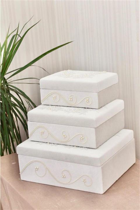 Ceyyiz Ahşap 3lü Gelin Çeyiz Kutuları Ekru