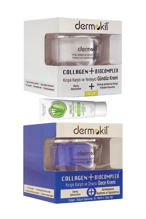 Dermokil Collagen+biocomplex Kırışık Karşıtı 30spf Gündüz Ve Gece Kolajen Bakımkrem 2x50ml+aloevera 25ml Krem