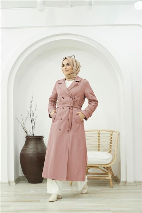 Neways Içi Kürklü Arka Süs Düğmeli Trençkot Gül Kurusu 6572