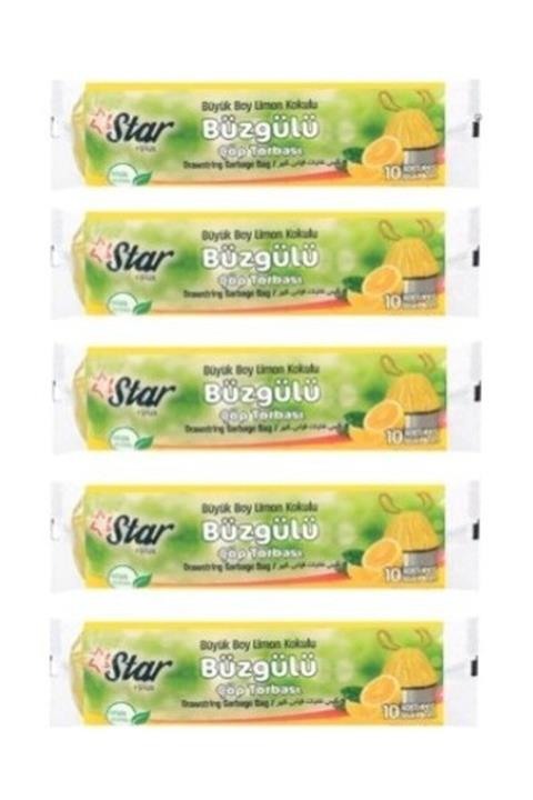 Star Büzgülü Çöp Torbası / Poşeti - Büyük Boy 65x70 - Limon Kokulu - 5 Rulo = 50' Li