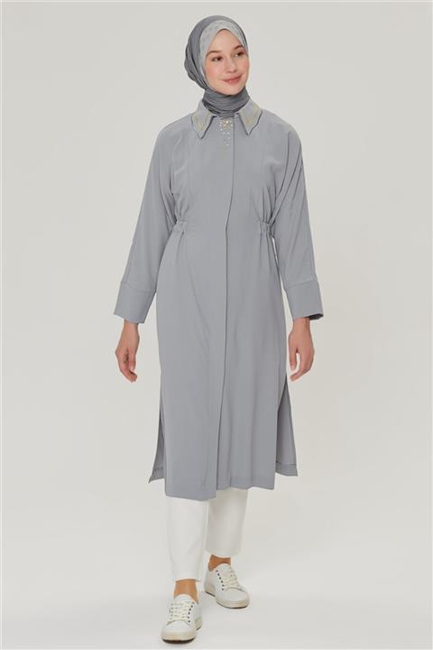 Armine Yaka Nakışlı Kap Gri