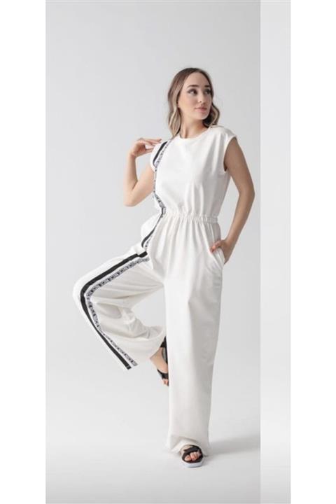 Özgürce Alışveriş Çizgi Detaylı Beli Lastikli Tulum