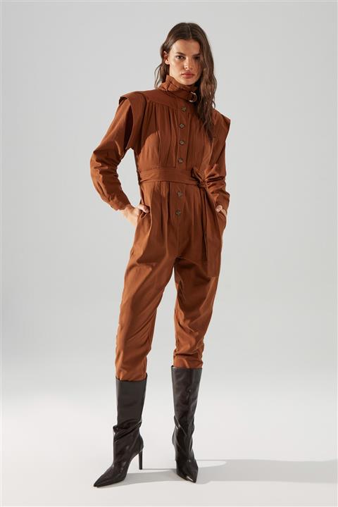 TRENDYOLMİLLA Kahverengi Kuşaklı Düğmeli Tulum TWOSS20TU0063