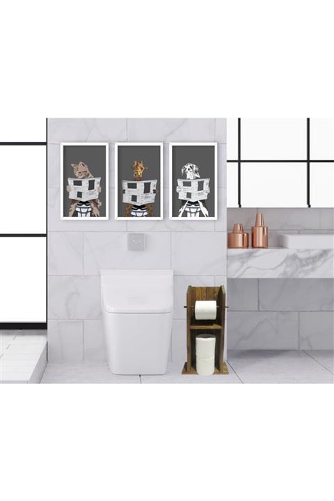 BK Doğal Masif Ahşap Tuvalet Kağıtlığı Ve Dekoratif 3’lü Ahşap Beyaz Çerçeveli Tablo-4