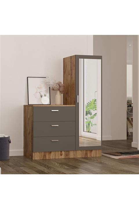 Yurudesign Nancy Aynalı Şifonyer Gardırop Çam-antrasit
