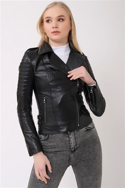 Deri Effect Kadın Siyah Hakiki Deri Mont