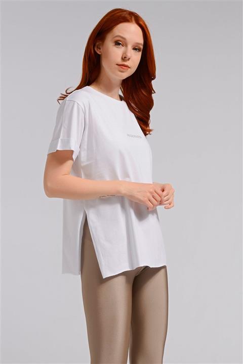 Nefise Baskılı Sıfır Yaka Kısa Kol Penye T - Beyaz