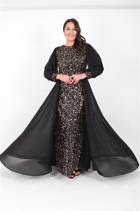 Ladies First Kadın Siyah Bakır Büyük Beden Uzun Abiye Elbise 3415