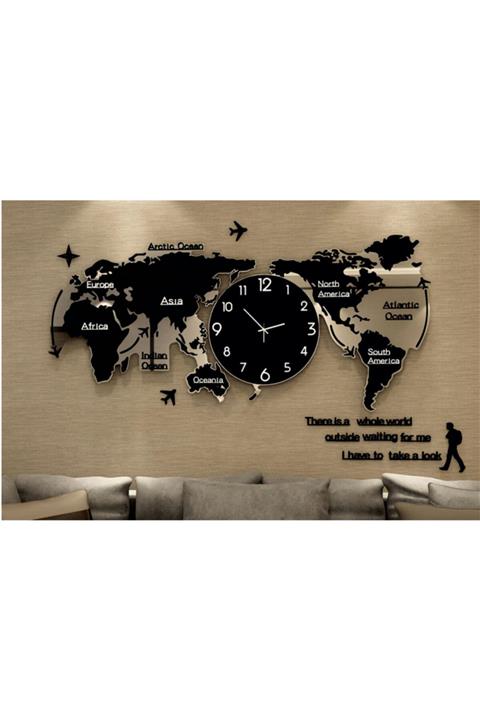 Custom Dekorasyon Duvar Saatli Dünya Haritası Pleksi 120x55cm