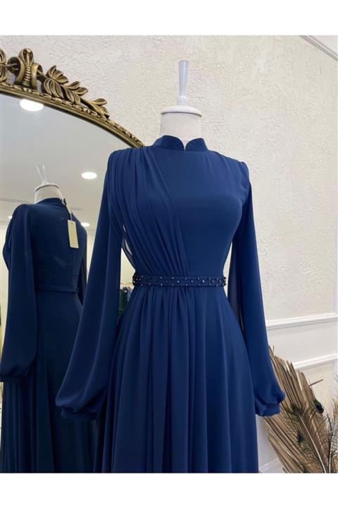 sarıhan Moda Almeda Lacivert Şifon Abiye
