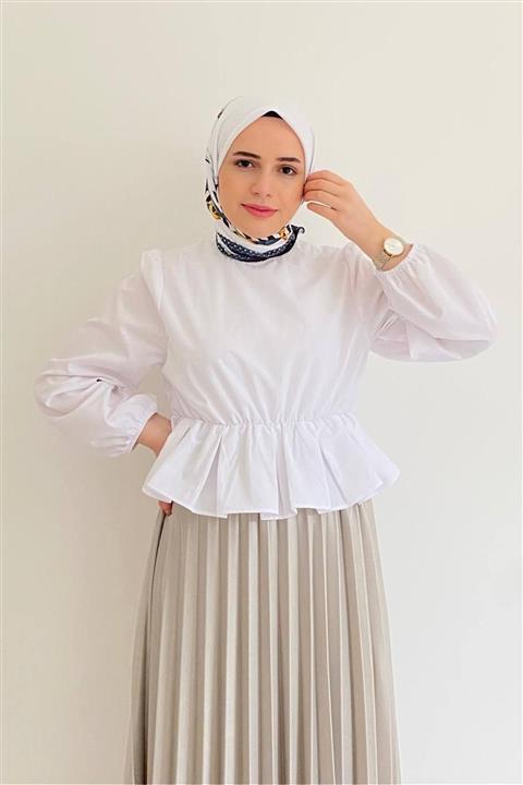 maka look Kadın Beyaz Beli Lastik Detaylı Kısa Bluz Gömlek