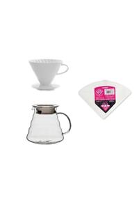 Hario V60 Porselen Drıpper No.2 & Harıo V60 Filtre Kağıdı 100lü & Cam Kahve Servis Potu