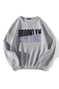 AFROGİYİM Kadın Gri Oversize Newyork Brooklyn Baskılı Örme Polar Sweatshirt