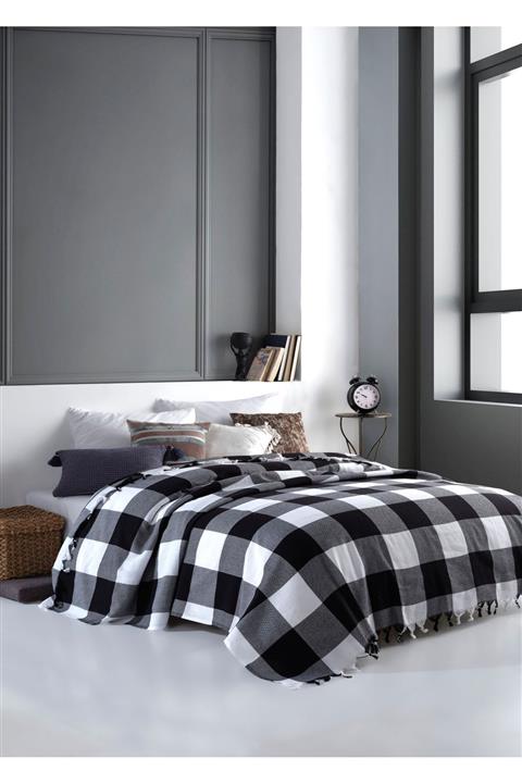 Lux Touch Scotch Siyah-Beyaz Çift Kişilik Pike 200 x 220 cm Koltuk Yatak Kanepe Örtüsü Pamuklu Dokuma