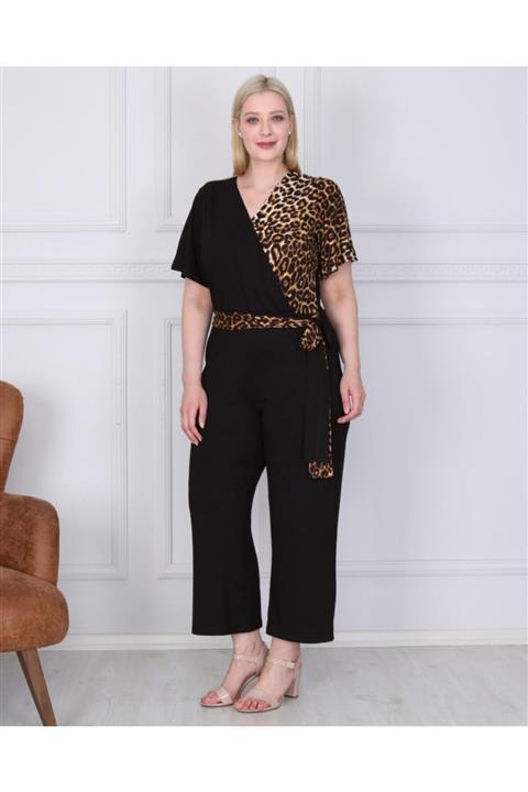 HÜLYA BUTİK Kadın Siyah Kruvaze Yaka Leopar Desen Bel Bağcıklı Tulum