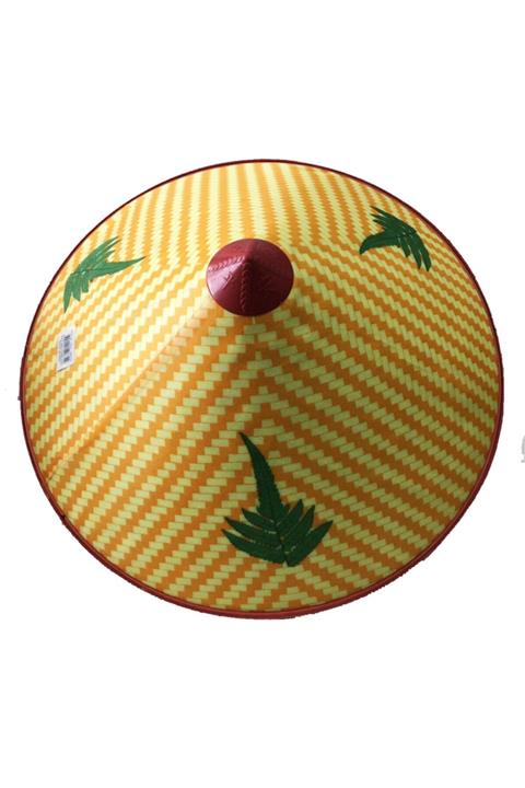 ÇEBSHOP Parti Aksesuar Yeşil Yapraklı Saten Kaplama Sarı Vietnam Şapkası