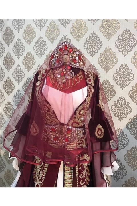 U.B UTKUBABY Bordo Biyeli Gelin Duvak Kuşak Eldiven Tam Set Kına Gecesi Düğün Nikah