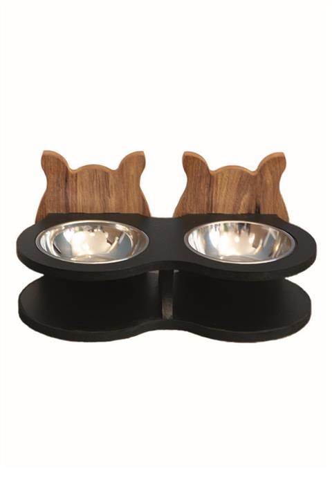 HobiMax Çelik Kaseli Ahşap Kedi Mama Ve Su Kabı