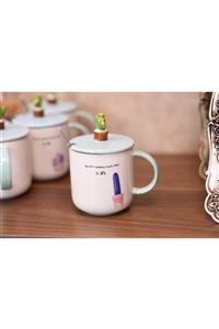 studyosercan2 Mug Seramik Kupa Kaktüs Kapaklı Ve Kaşıklı Pembe Saksıda Mor Tropical Çiçek Modeli