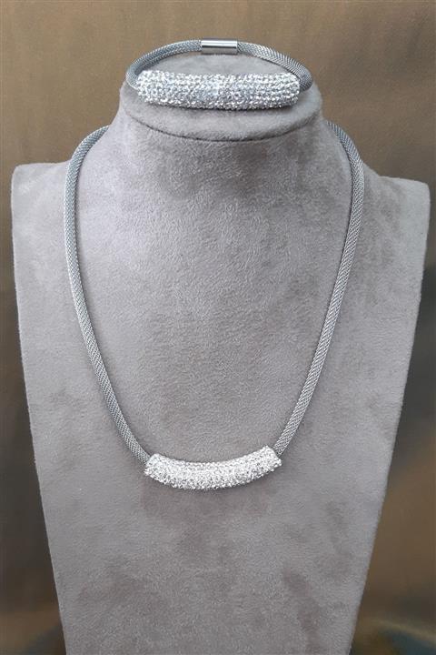 Palmiero Swarovski Taşlı Çelik Hasır Kolye Bileklik Set