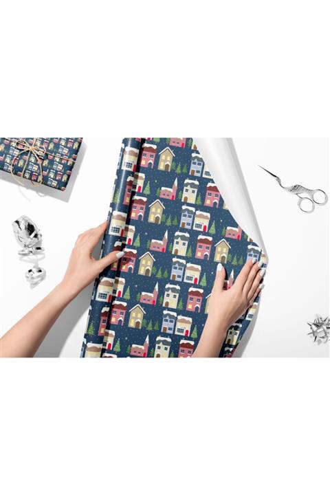HRS 50x70 cm Kış Yılbaşı Ev Temalı Hediye Paketleme Ambalaj Kağıdı 6’lı Paket