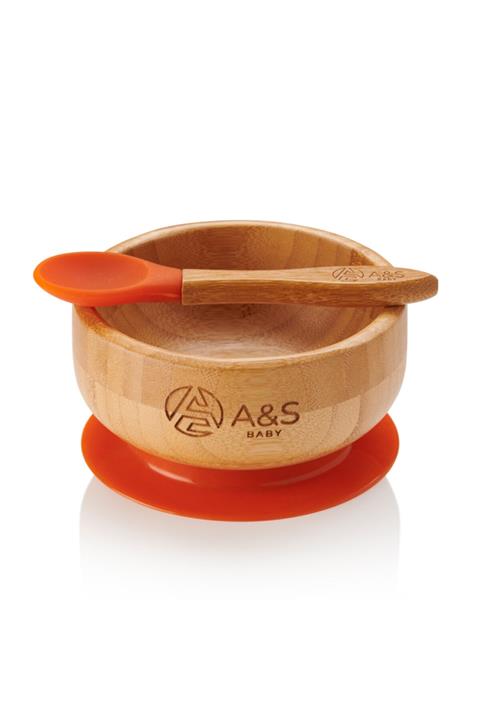A&S BABY Bebek ve Çocuklar için Vakumlu Taban Bambu Mama Kabı (Beslenme Kasesi) ve Silikon Uçlu Kaşık Seti