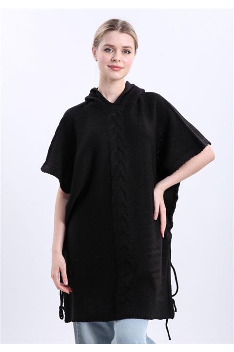 Devinka Kadın Siyah Oversize Kapşonlu Triko Panço