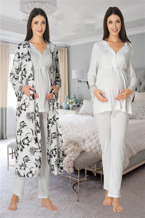Effort Pijama Zerre Bebe Kadın Ekru Uzun Kollu Lohusa Hamile Pijama Takımı Sabahlık Set 8094