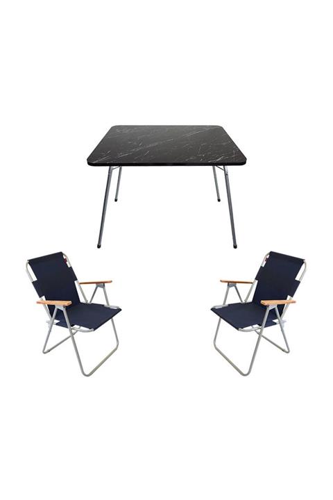 Bofigo 60x80 Granit Katlanır Masa + 2 Adet Katlanır Sandalye Kamp Seti Bahçe Balkon Takımı Lacivert