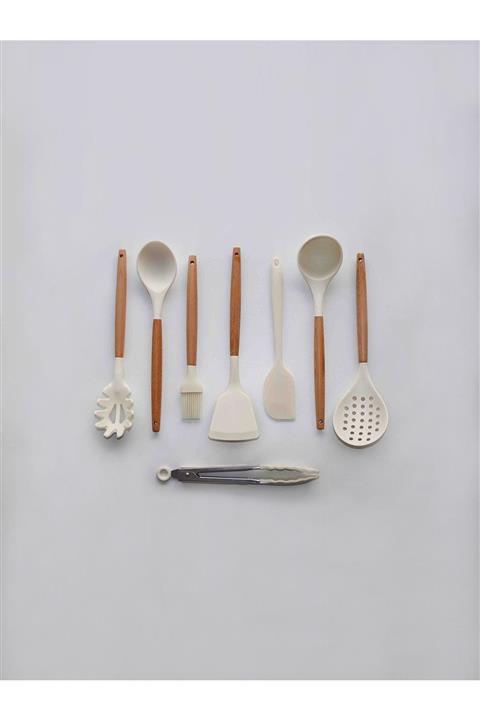 Rimmi Beyaz Silikon Bambu Spatula, Kevgir, Kaşık, Kepçe, Fırça, Makarna Ve Salata Kaşığı, Maşa 8'li Set