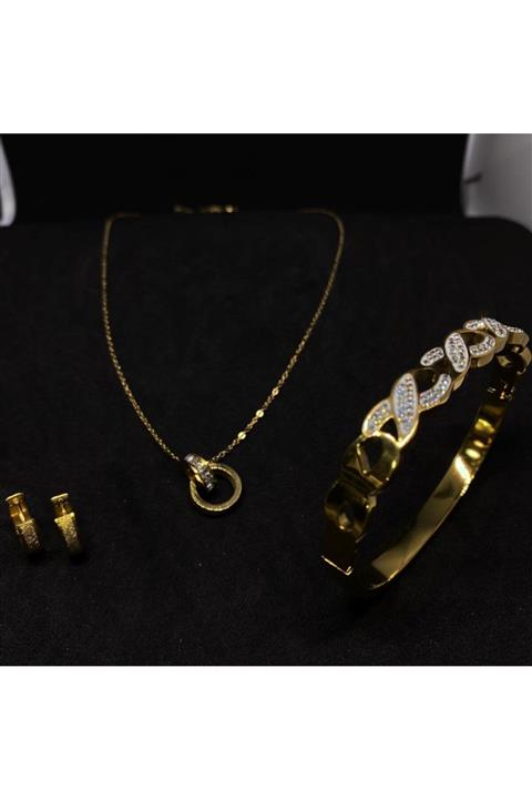 Favorim takı Kadın  Altın Renkli Üç’lü Çelik Set