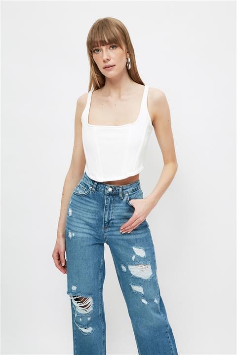 TRENDYOLMİLLA Beyaz Balenli Fermuar Detaylı Örme Atlet TWOSS21AL0059