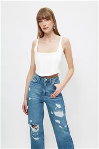 TRENDYOLMİLLA Beyaz Balenli Fermuar Detaylı Örme Atlet TWOSS21AL0059