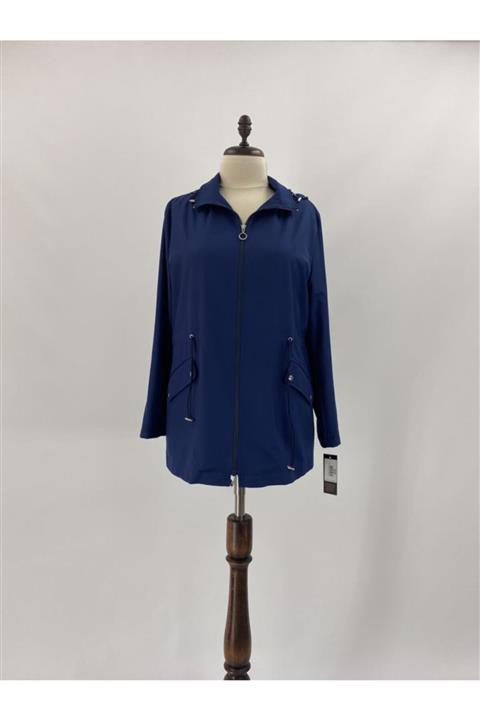 Lalezar Kadın Lacivert Fermuarlı Kapüşonlu Trençkot