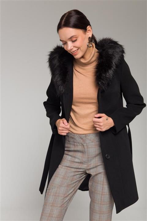 Olcay Kapüşonlu Sabit Zengin Kürklü Düğme Kapamalı Kaban Siyah 3758