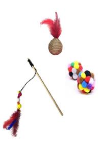 PETiTOYS Hasır Top,ponpon Top,tüylü Kedi Oltası 3'lu Set