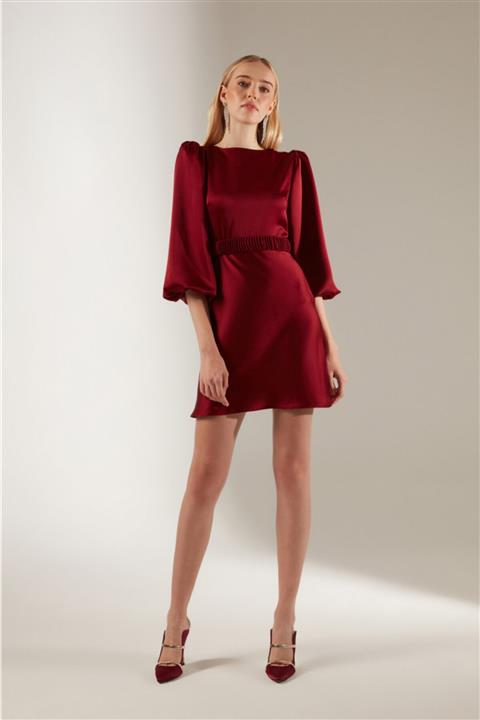 BETTY & SAM Balon Kol Mini Koyu Kırmızı Nişan Elbisesi