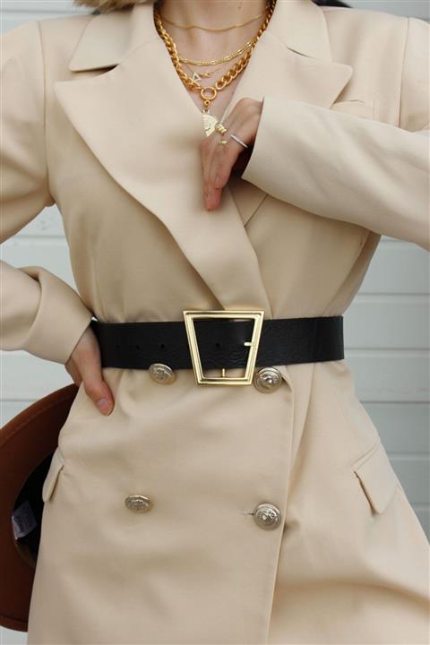 KISCHE Asimetrik Altın Rengi Toka Retro Tarz Model Bayan Unisex Siyah Kemer