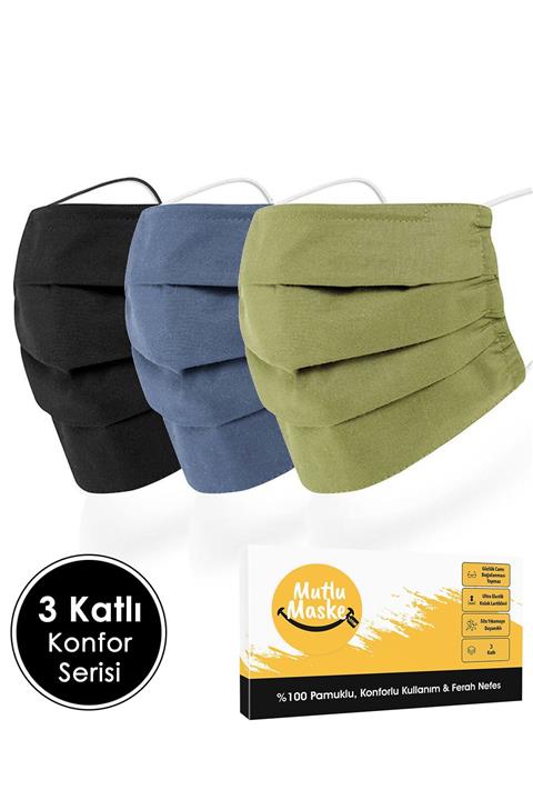 Mutlu Maske Konfor Serisi 3 Katlı Tekrar Kullanılabilir Yıkanabilen Pamuklu Kumaş Bez Penye Maske 3'lü Set