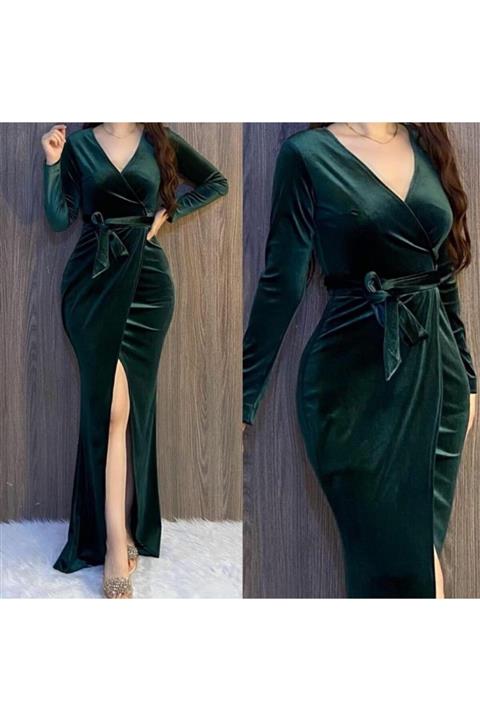Styling Park Kuşaklı Yeşil Kadife Elbise