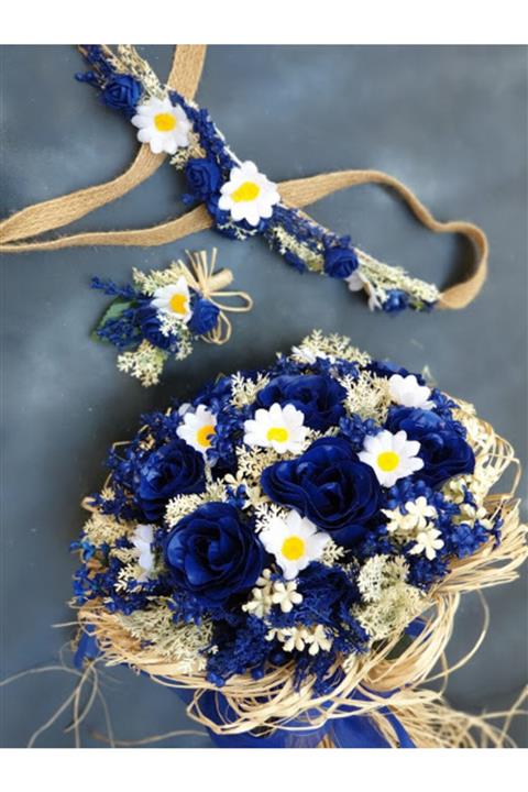 GELİN ÇİÇEĞİ EN İYİSİ Lacivert Güller Ve Papatya Detaylar