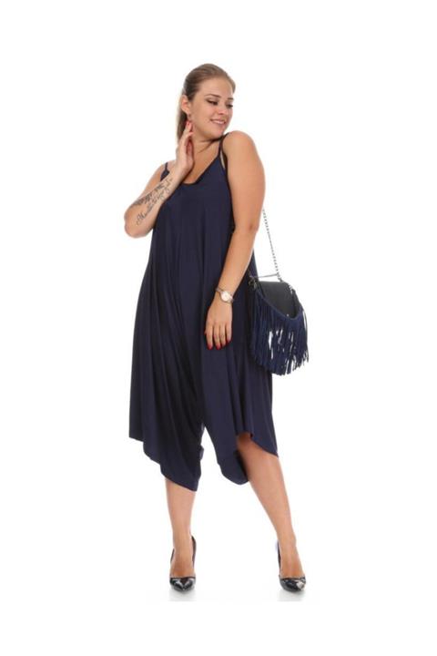 Big Love Büyük Beden Ip Askılı Penye Tulum Lacivert