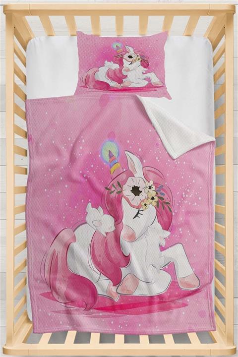 Else Halı Else Pembe Atlı Unicorn Desenli Yatak Örtüsü Yastıklı Bebek Pike Takımı