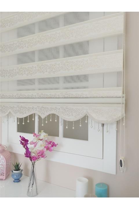 atölyeperde Atölye Perde Krem Altın Sarmaşık Jakarlı Zebra Stor Perde Boncuk Hediyeli