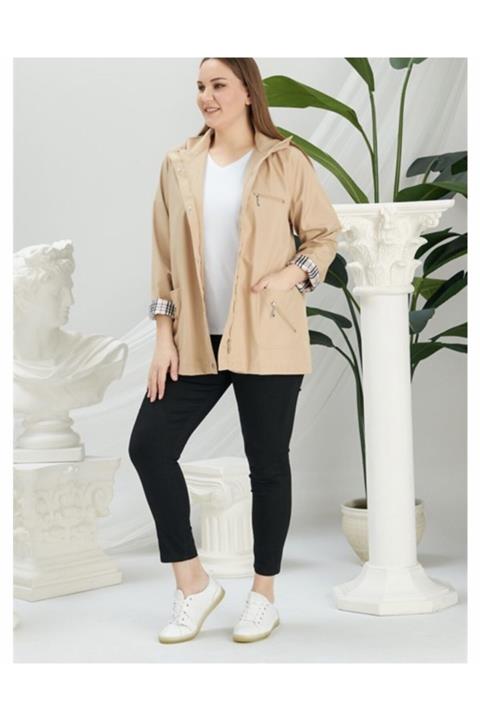 RMG Ic Astar Ekose Detaylı Büyük Beden Bej Trenckot
