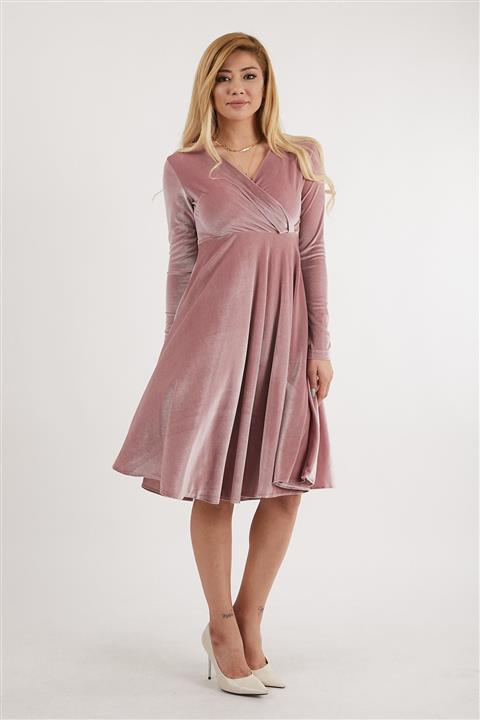 Moda Labio Kadife Kısa Hamile Elbisesi Pudra